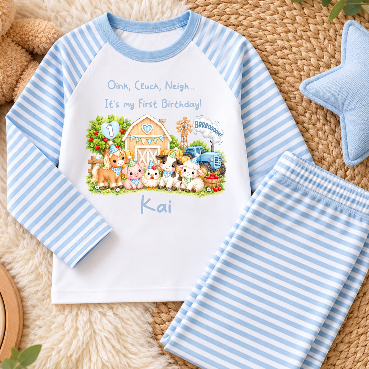 Personalised Farm Animal Birthday Pyjamas with cute watercolour farm animals, blue tractor, child's name and age. Sage green, beige or baby blue stripes.