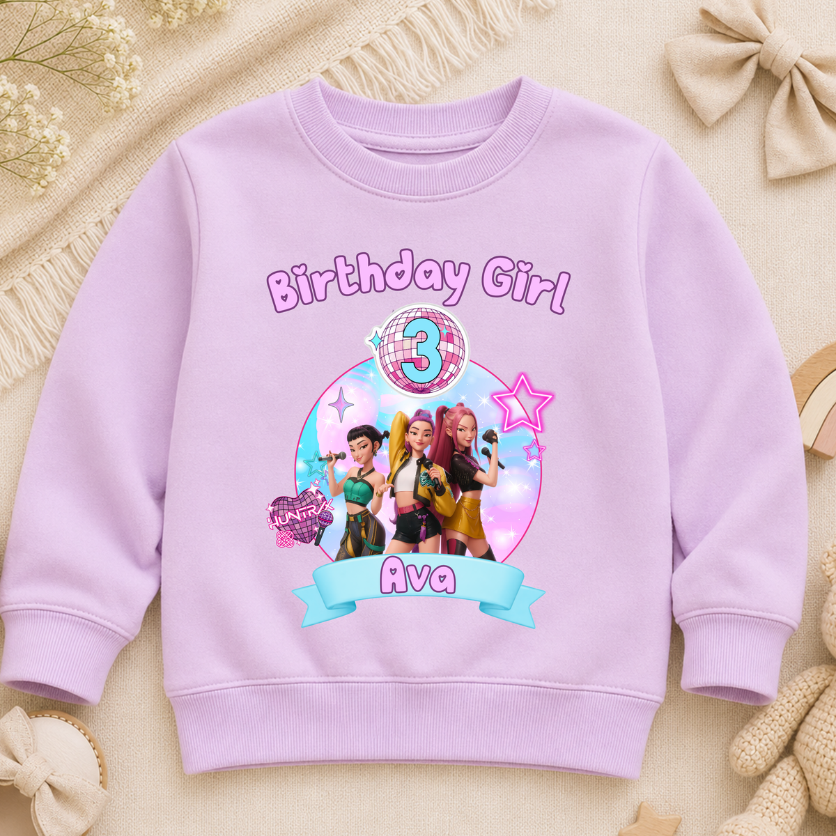 Personalised Demon Hunters Birthday Sweatshirt for Girls, white K-pop birthday jumper with pink design, custom name Ava and age 3.