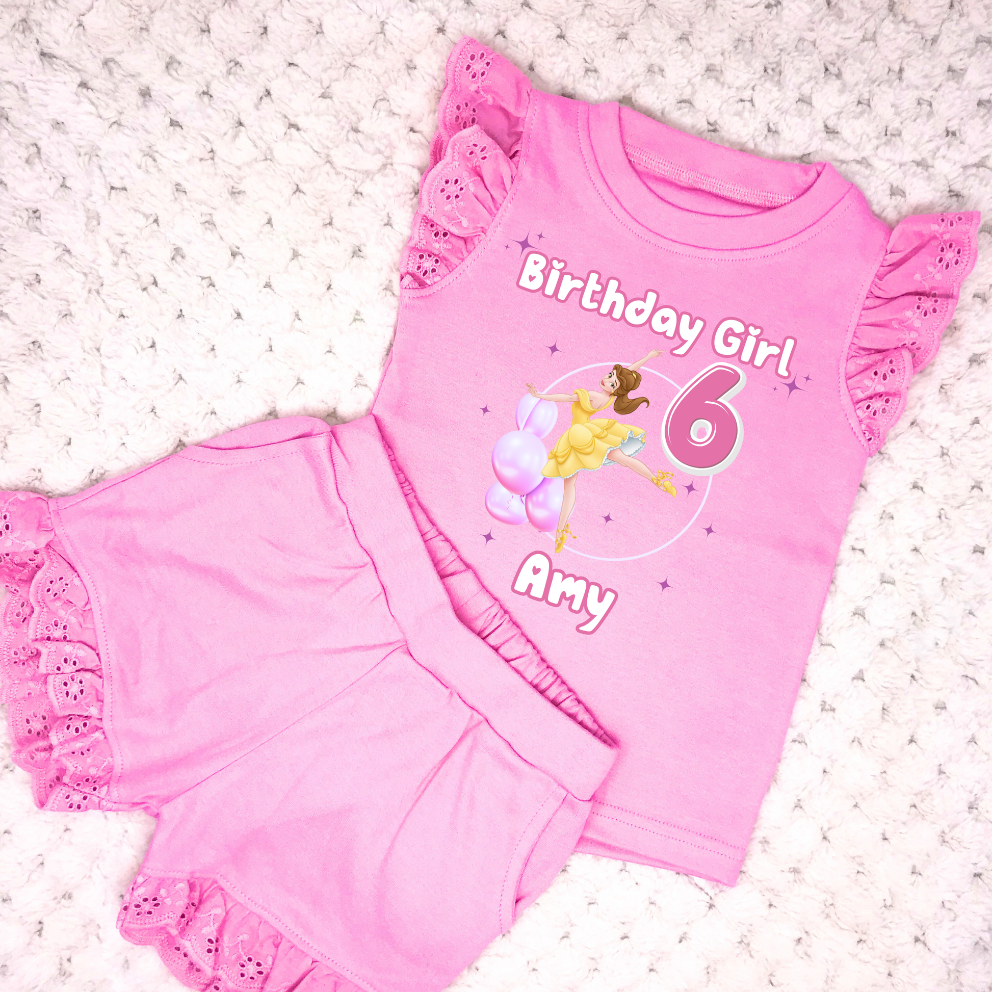 Personalised Girls Princess Ballerina Birthday Outfit, Ballerina Birthday Frilly Shorts & Top in Pink. At the top it says Birthday Girl, followed by a princess ballerina in a balloon arch and the child's name underneath.