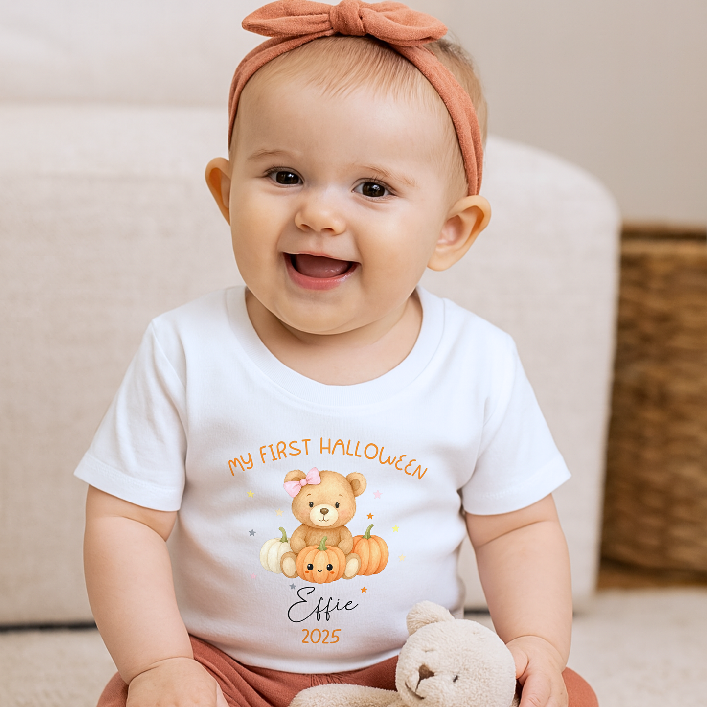 Personalised First Halloween Outfit for baby girl with teddy and pumpkin design, customised with baby name.