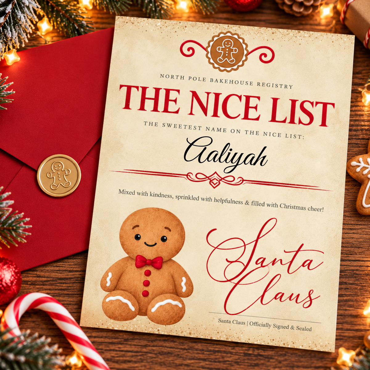 Personalised Letter from Santa Nice List certificate with child's name, Christmas teddy bear and festive red envelope