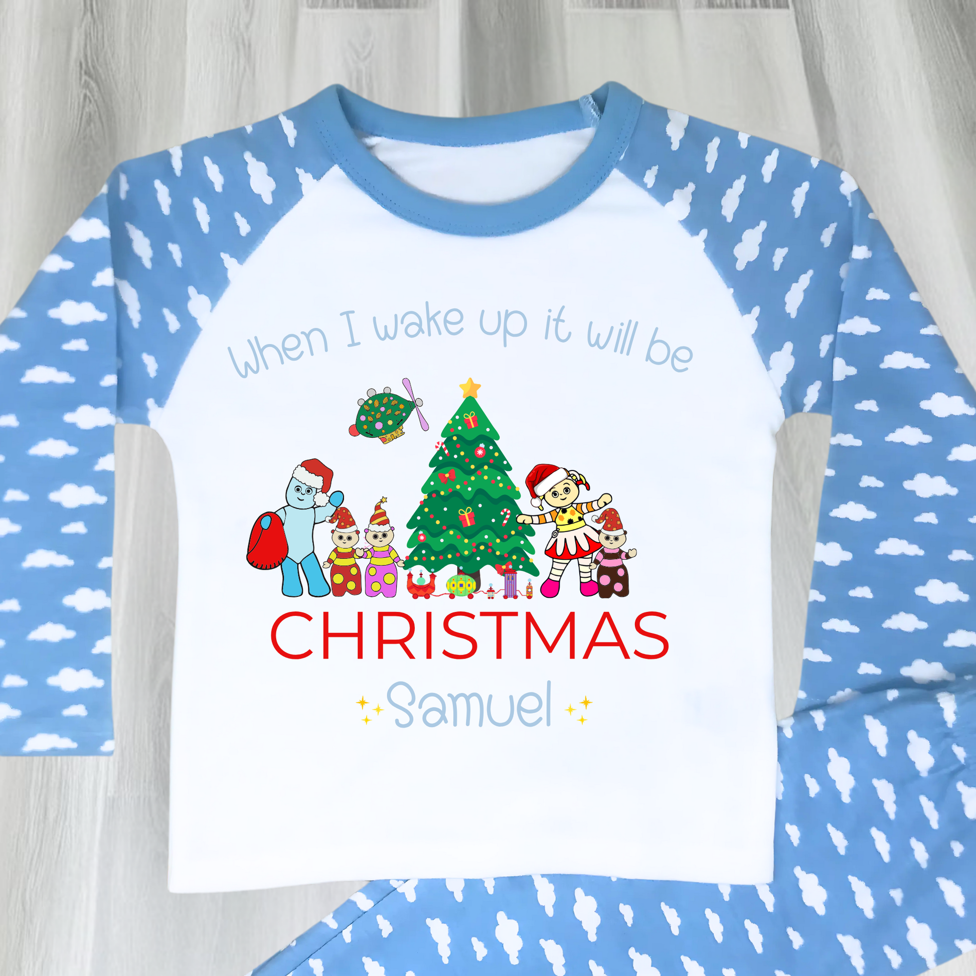 Personalised In the Night Garden Christmas pyjamas for boys with festive characters and custom name design