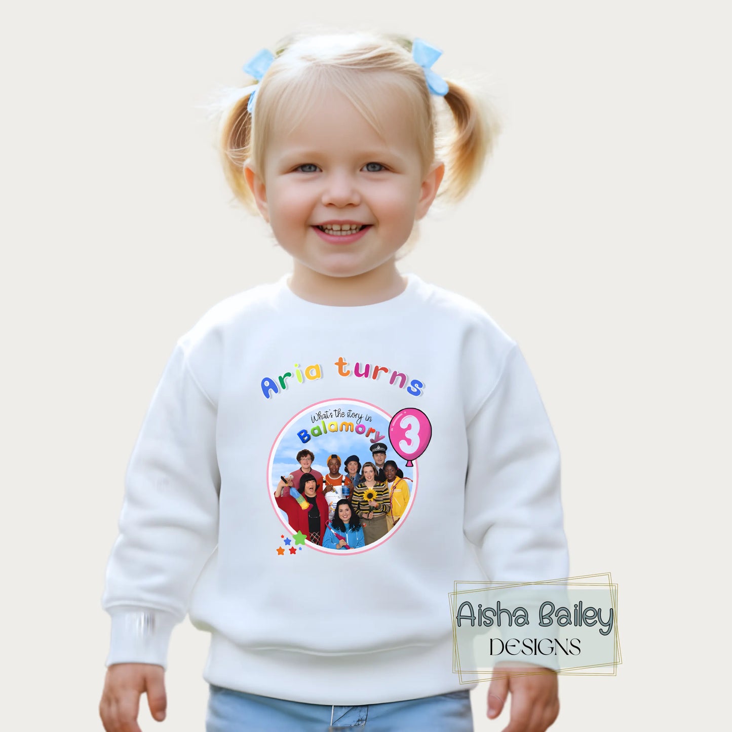 Personalised Balamory birthday sweatshirt for girls with custom name and any age colourful birthday jumper for toddlers