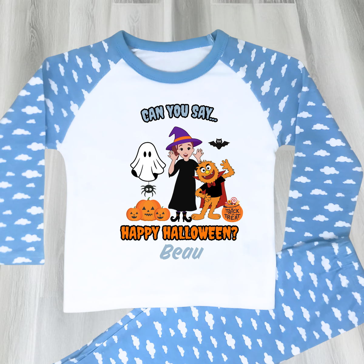 Boys Personalised Ms Rachel Halloween Pyjamas with name print and cute spooky design