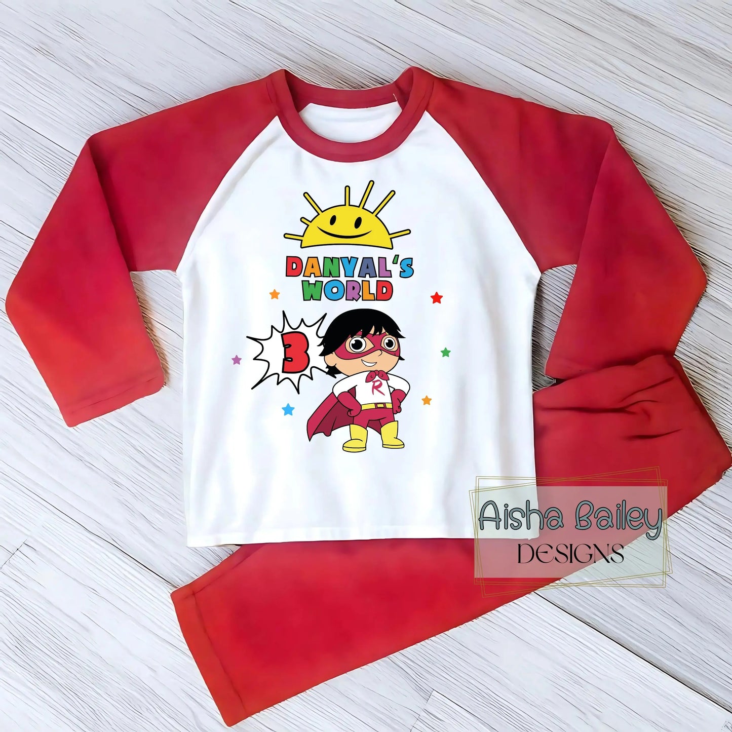 Ryan's World personalised birthday pyjamas for boys with colourful superhero design