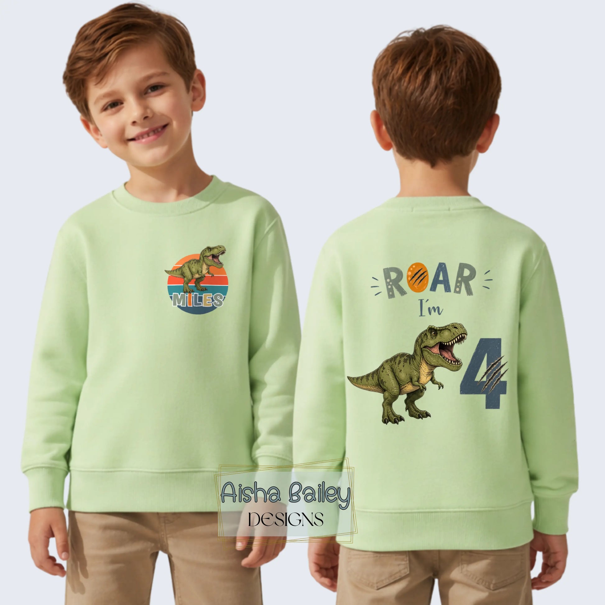 Personalised Boys Dinosaur Birthday Sweatshirt, Roar I’m 4 - 4th Birthday Jumper AishaBaileyDesigns