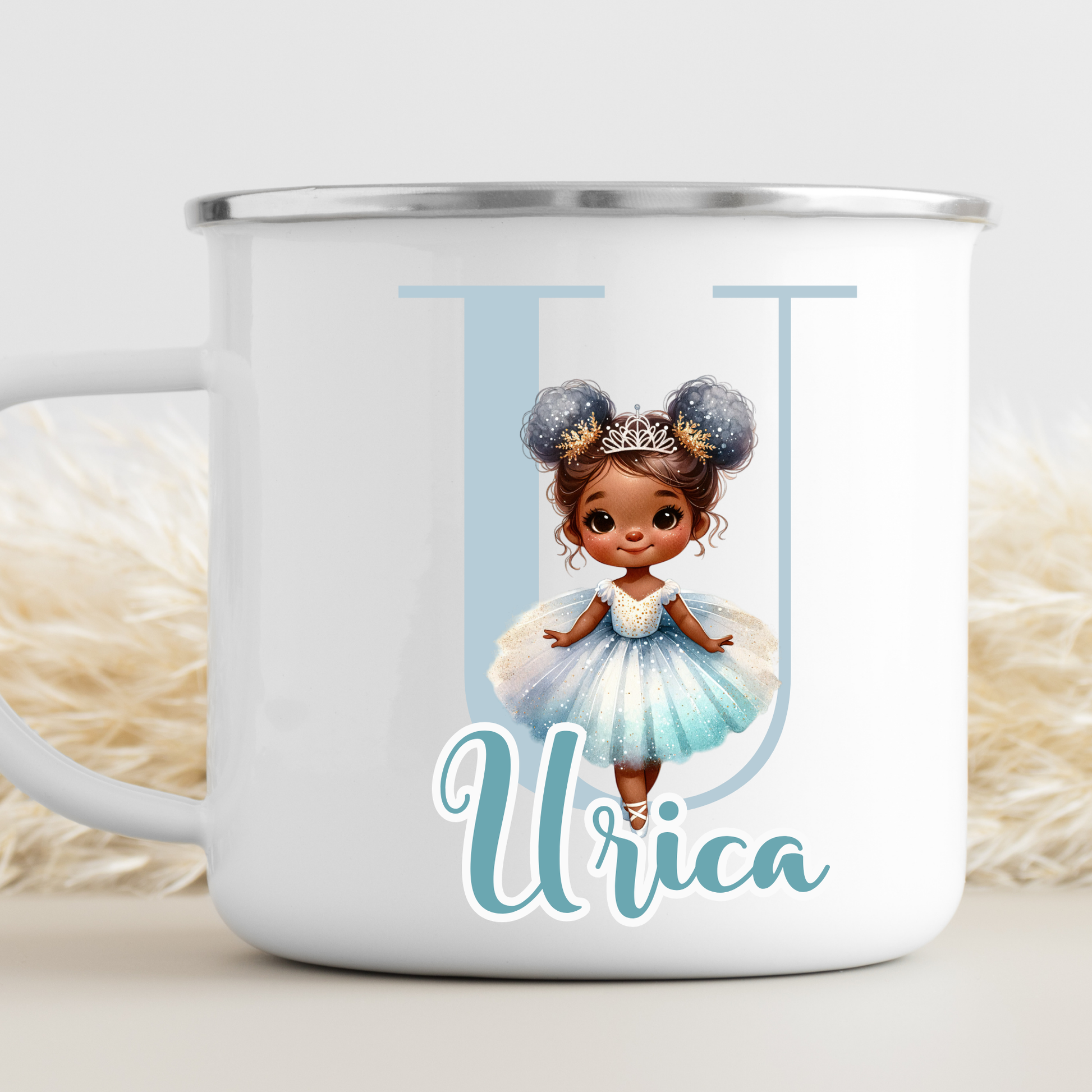 Mug with a design of a girl in a blue dress and the name 'Alice' on a white background - Princess custom mug, princess gift with name, personalised princess mug, girls custom mug