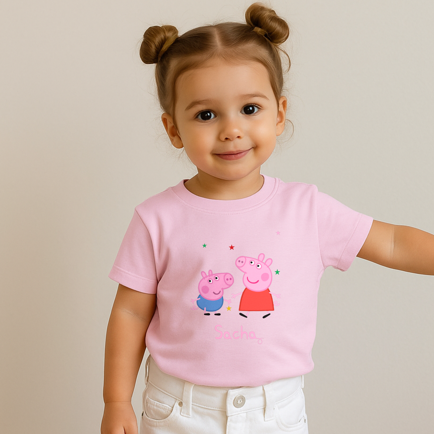 Personalised Peppa and George T-shirt for kids featuring cute character artwork and custom name option.
