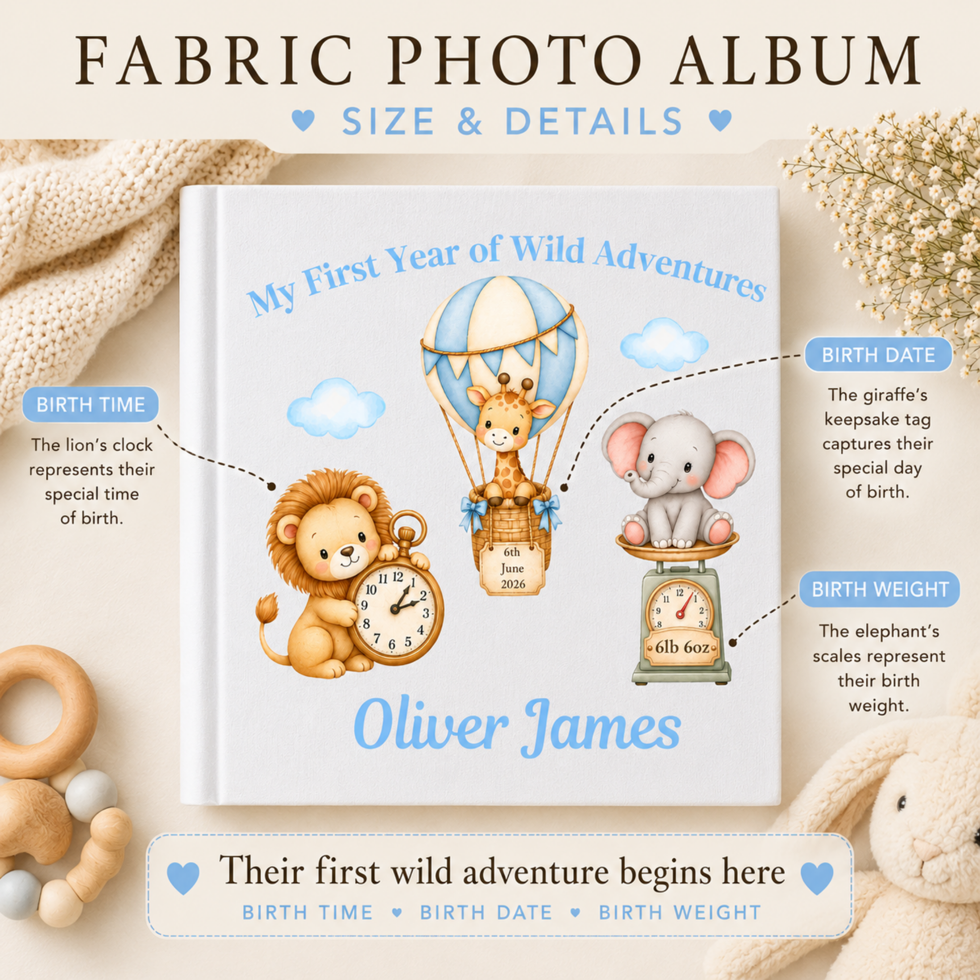 Personalised Baby Photo Album with blue safari animals, baby's name, birth date, time and weight, designed to capture his first year.