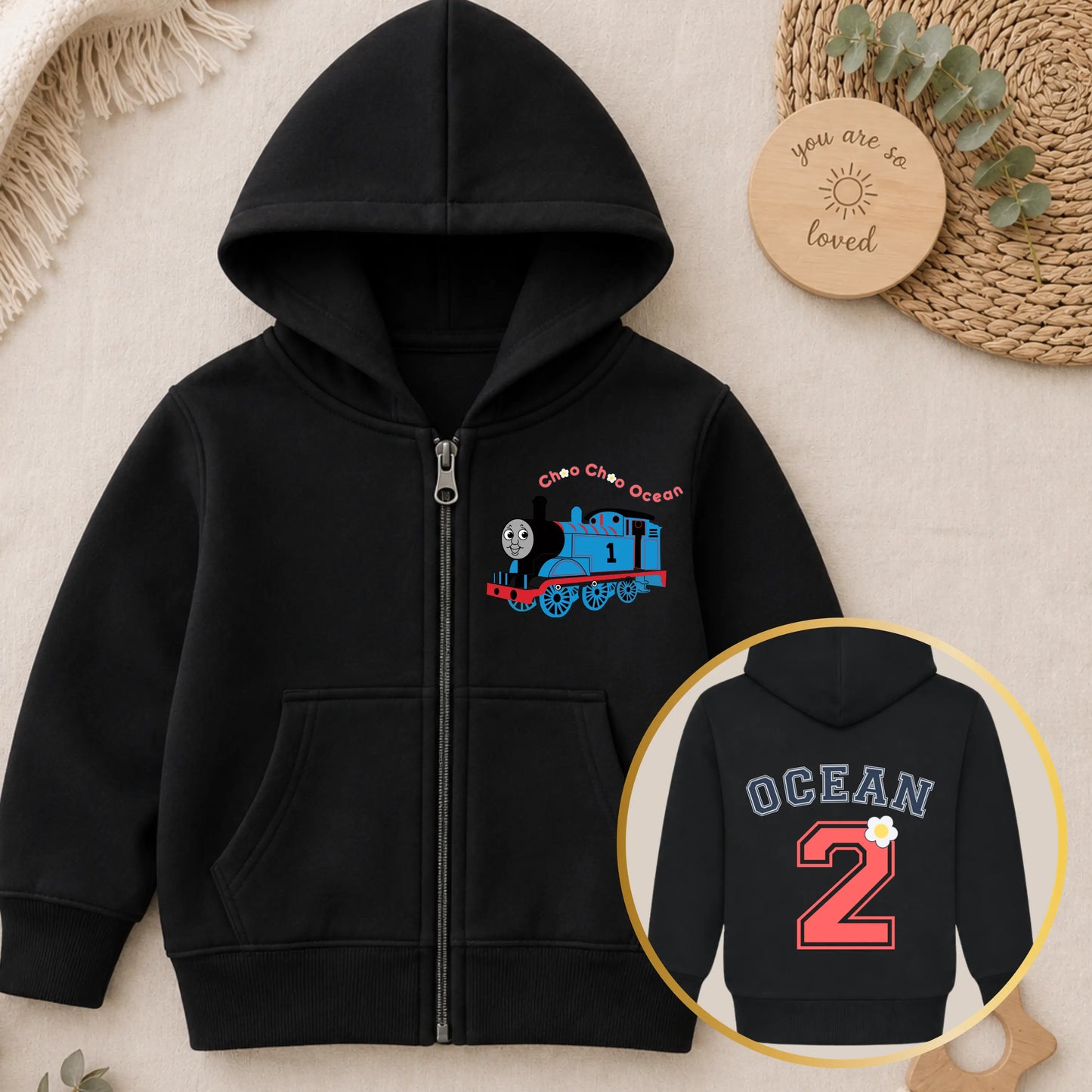 Personalised Girls Thomas the Tank Engine Zip-up Custom Hoodie with Back Print  - any name and number AishaBaileyDesigns