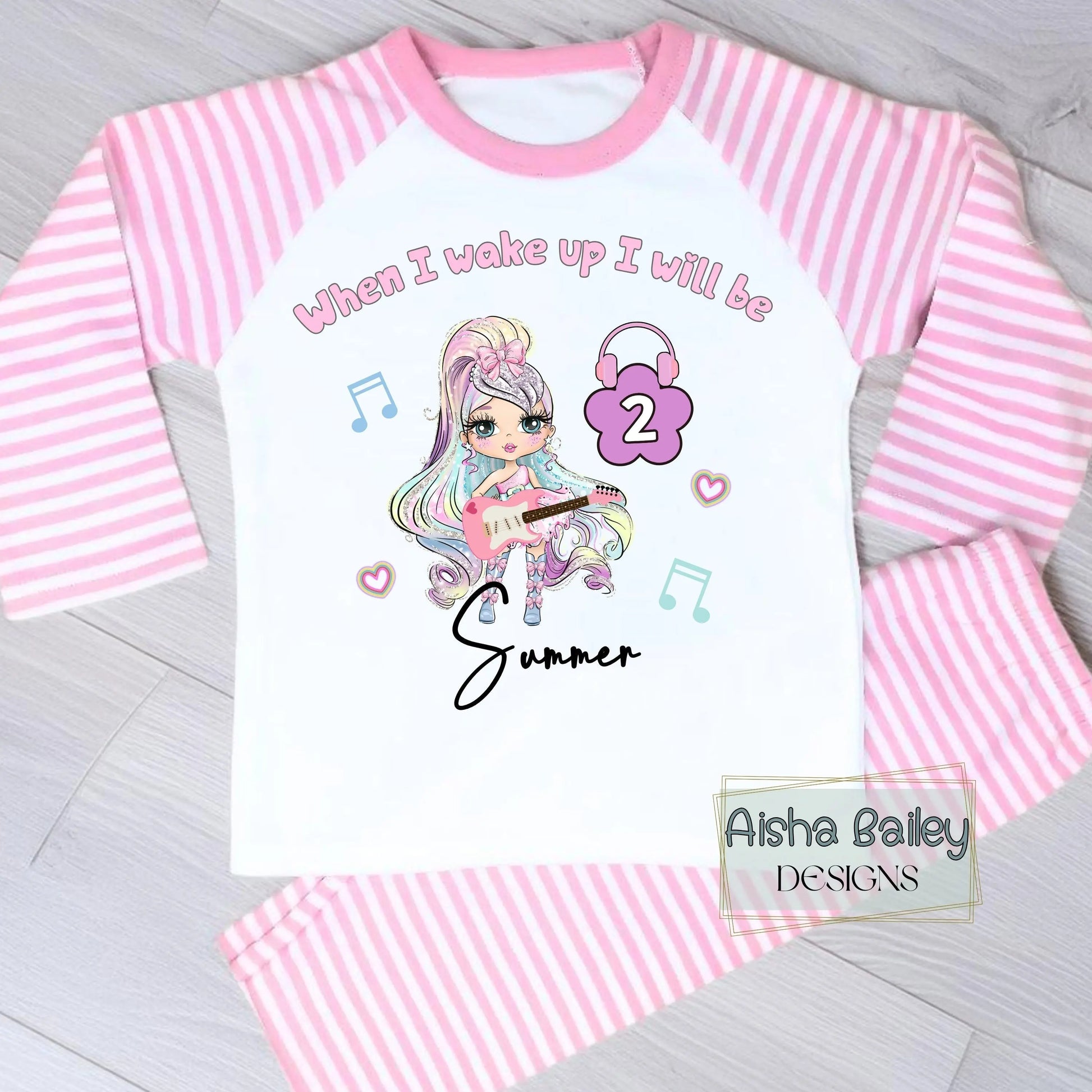 Personalised Girls Birthday Pyjamas: In My Birthday Era glitter-effect doll birthday pyjamas with custom name and age, no real glitter, long sleeve girls sleepwear set