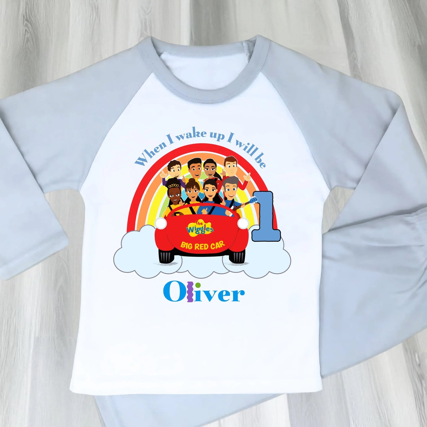Personalised The Wiggles birthday pyjamas for boys with custom name and age, Big Red Car design.