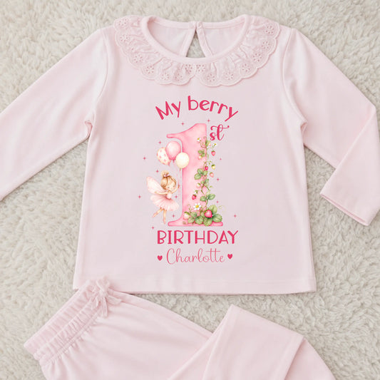 Personalised girls berry first birthday pyjamas with strawberry fairy number one design, custom name birthday outfit, frill collar toddler birthday set.
