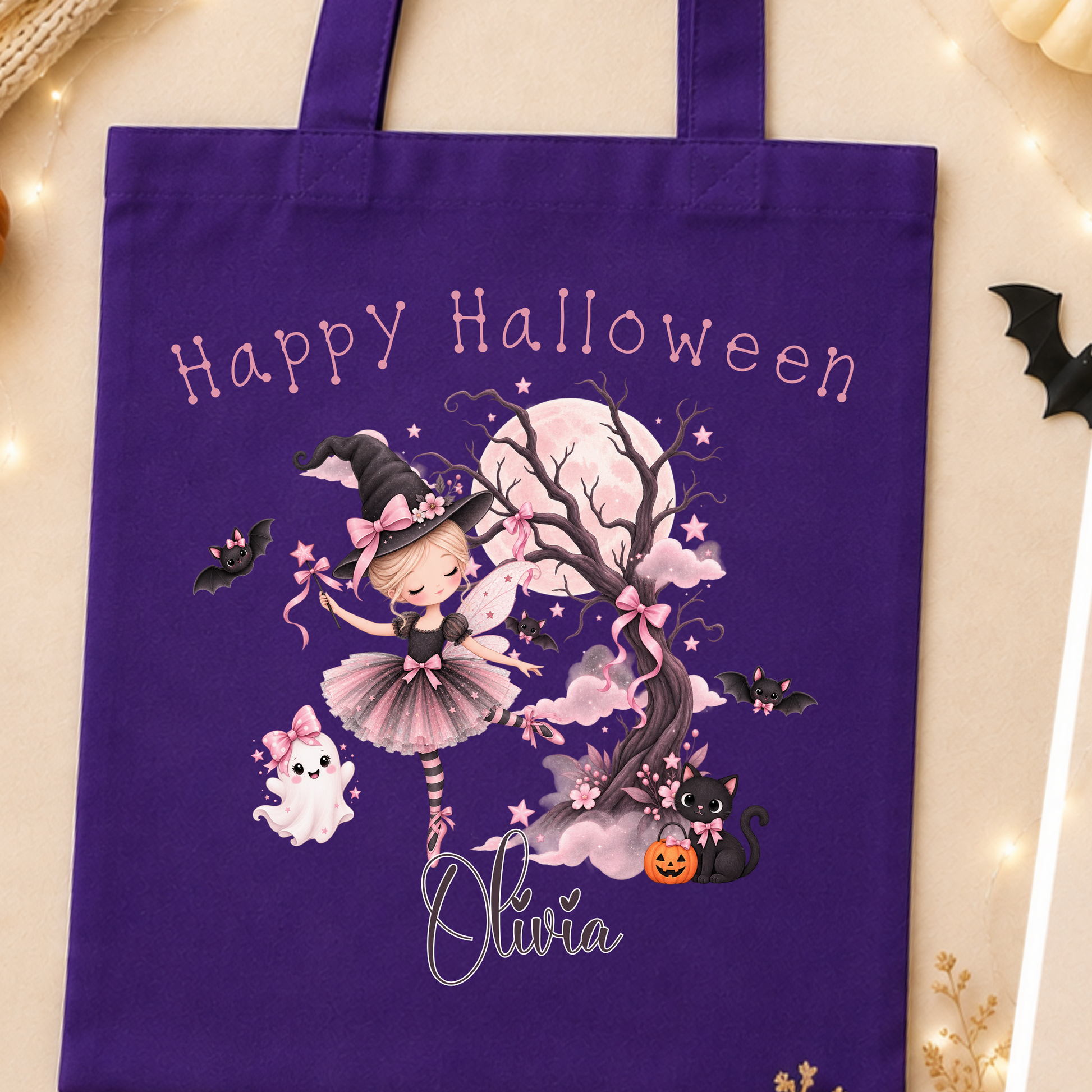 Personalised Halloween Trick or Treat Bag for Girls with witch ballerina, pink ghost, black cat, bats, moon and custom name.