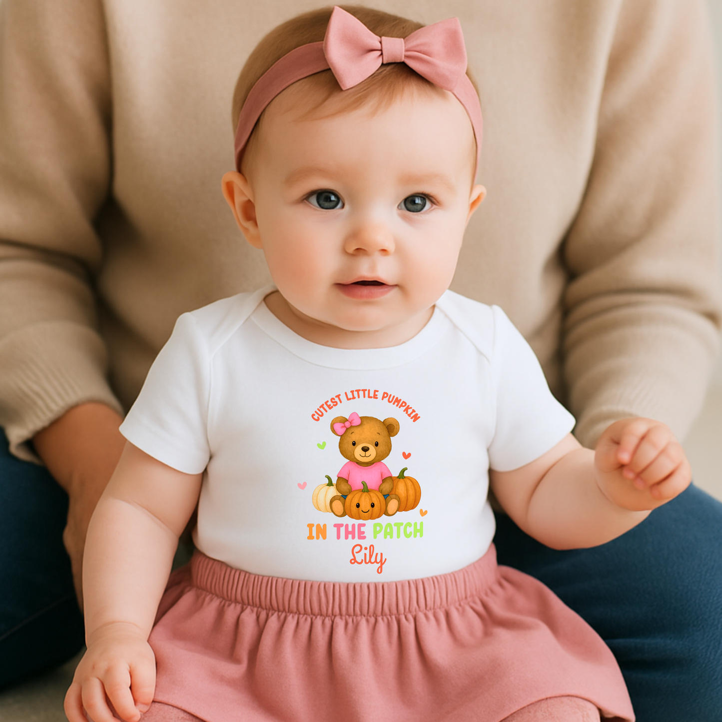 First Halloween Outfit: Personalised Halloween baby bib, romper, vest or t-shirt with teddy bear “Cutest Pumpkin in the Patch” design.