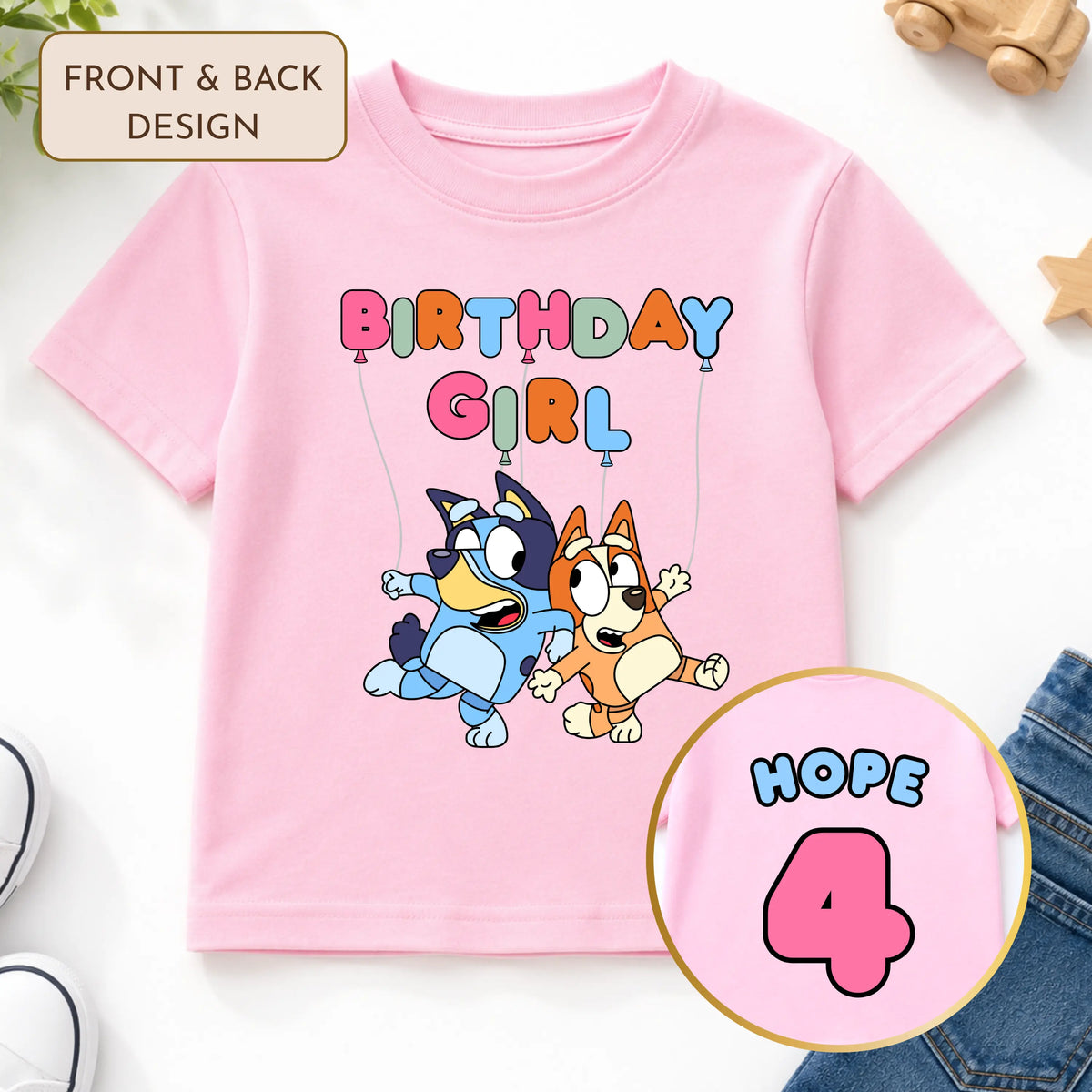 Girls Personalised Bluey Birthday T-shirt - Bluey and Bingo Tee with Front and Back Design AishaBaileyDesigns