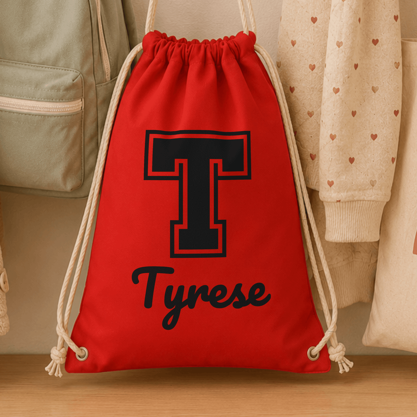 Personalised Varsity PE Drawstring Bag for Boys with custom initial and name, ideal for school, sports, swimming and gym kits.