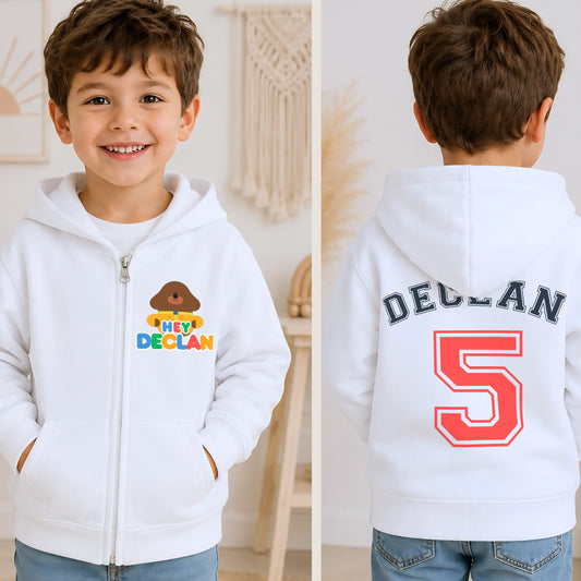 Personalised Hey Duggee birthday hoodie for boys with custom name and number back print on white zip-up childrens hoodie - aishabaileydesigns