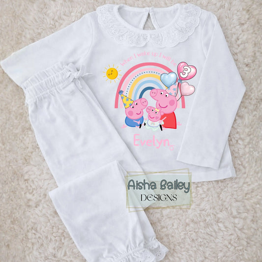 Girls Peppa Pig Frilly Birthday pyjamas with George and Evie with their custom name, Peppa Pig birthday gift