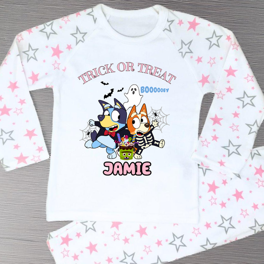 Girls personalised Bluey and Bingo Halloween pyjamas with name print and cute spooky design