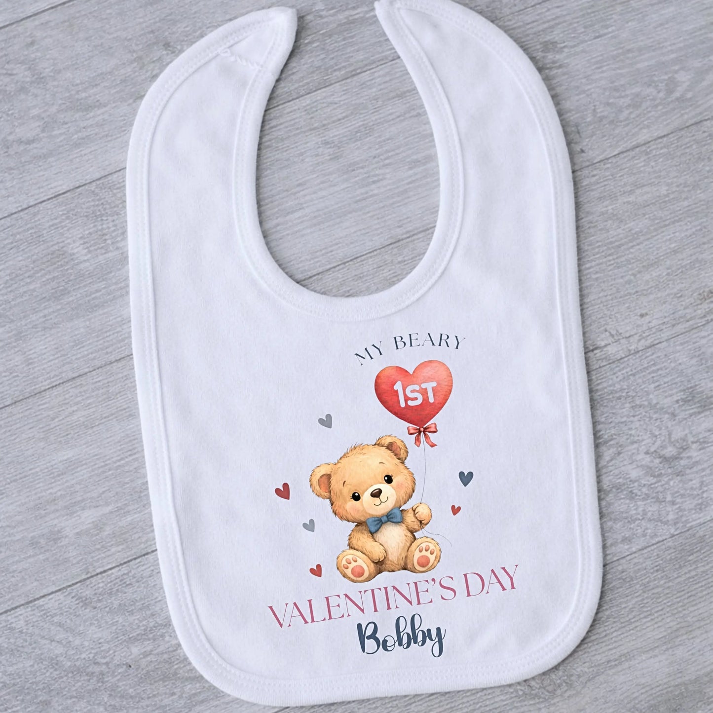 personalised first valentines day out for baby boys with a cute bear. It has custom name and will make the perfect baby gift for baby boys