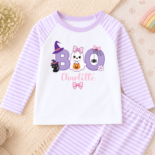 Personalised Halloween Pyjamas for Girls with lilac stripes, cute ghost BOO design and custom child’s name, perfect for girls during spooky season.