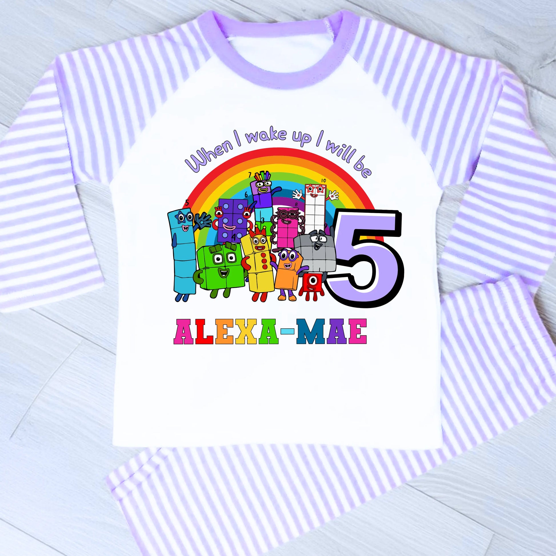 Numberblocks birthday pyjamas for girls personalised with name and age
Personalised girls birthday eve pyjamas featuring Numberblocks characters
Milestone birthday pyjama set with custom name and age