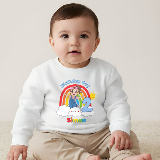 Personalised Ms Rachel birthday boy sweatshirt with rainbow, age number and child’s name