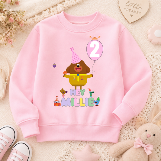Girls Personalised Hey Duggee Birthday Sweatshirt - Girls Personalised Hey Duggee Pink Bday Jumper, Girls personalised hey duggee, dey duggee pink balloon, pink balloon birthday, hey duggee personalised birthday sweatshirt jumper