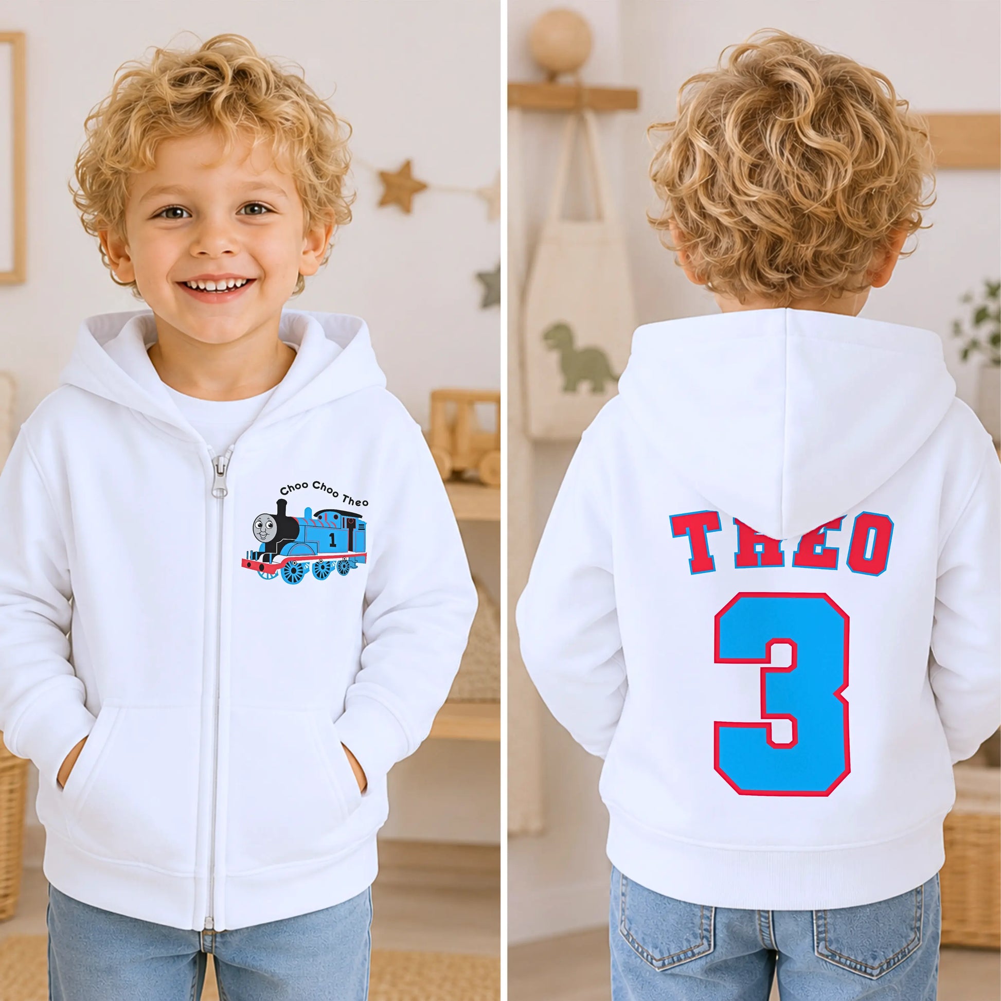 Personalised Thomas Hoodie – Boys Thomas the Tank Engine Birthday zip up with name & age AishaBaileyDesigns