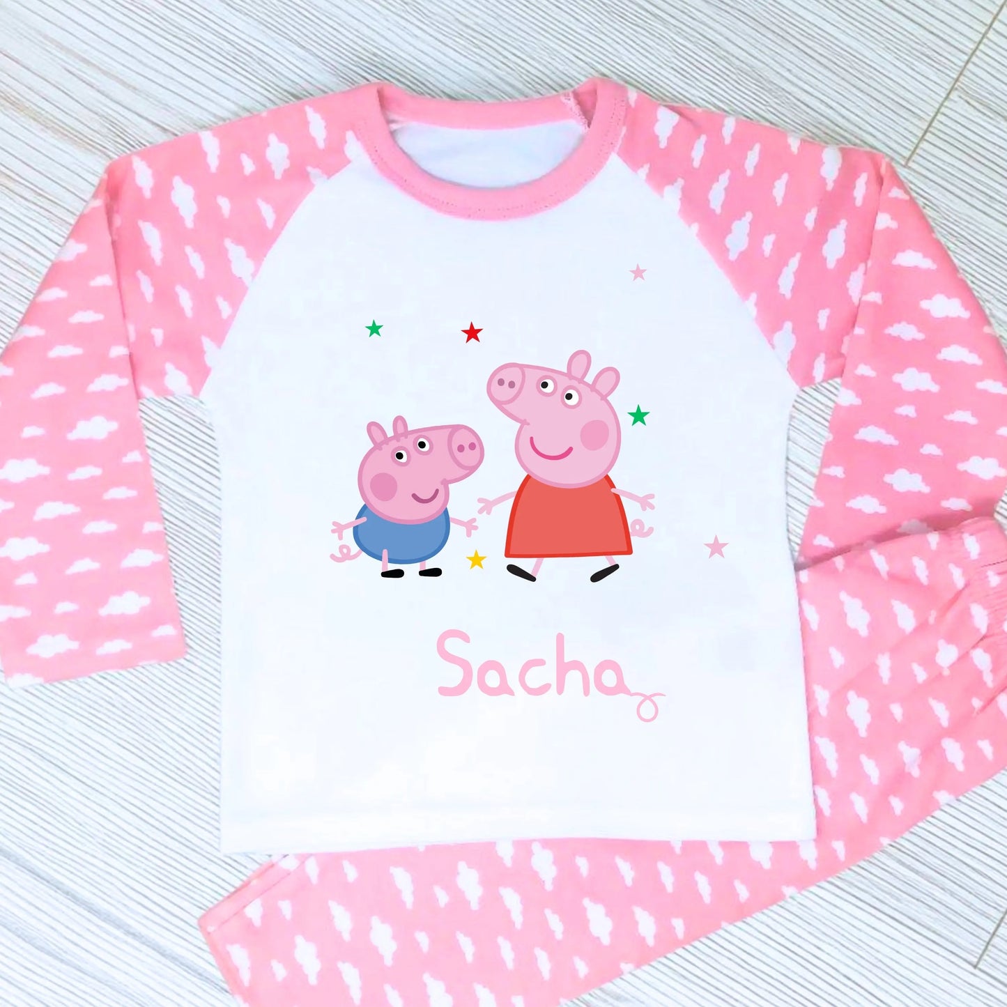 Personalised Peppa and George Pyjamas with custom name for everyday wear for girls.