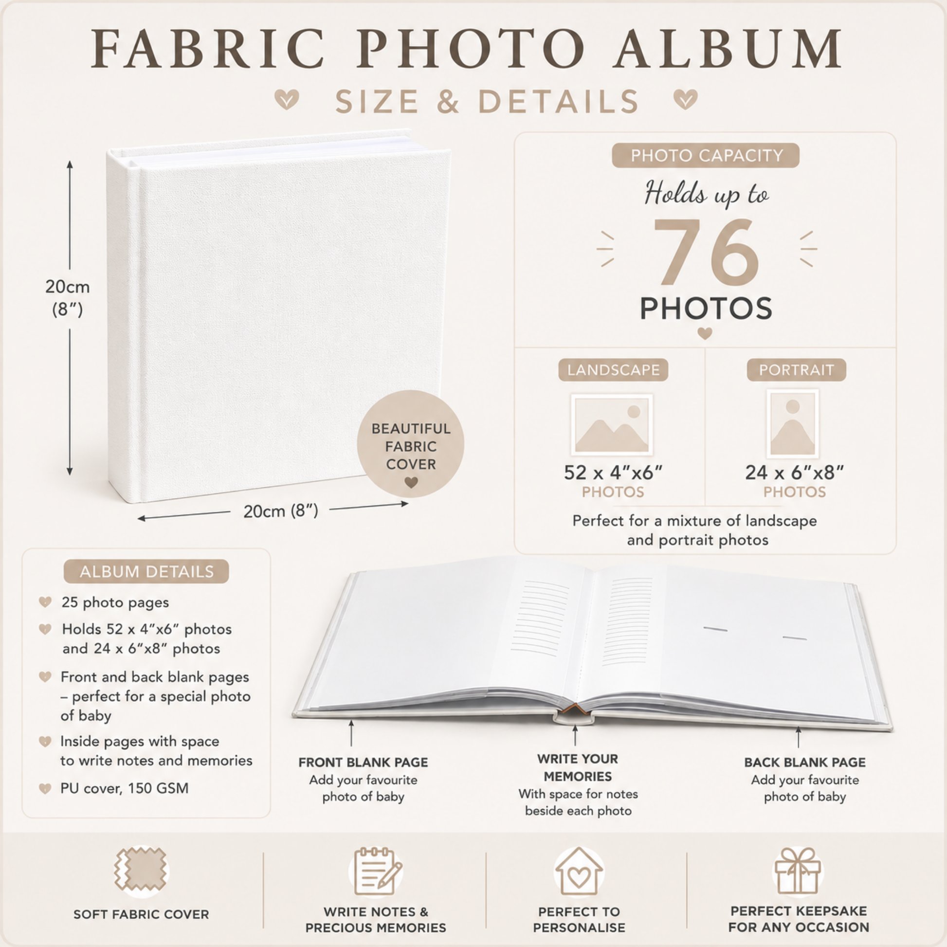 Personalised Baby Photo Album with blue safari animals, baby's name, birth date, time and weight, designed to capture his first year.