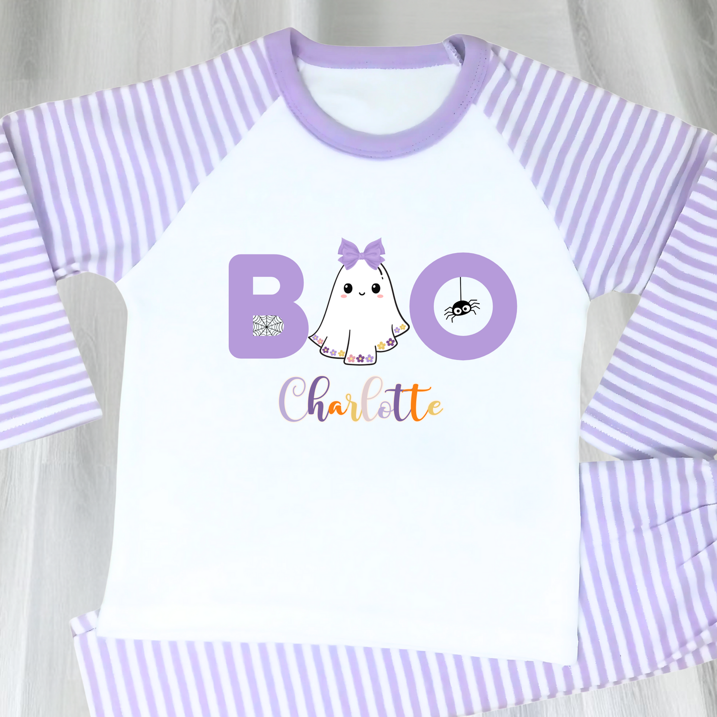  Pyjamas for girls with lilac stripes and cute ghost boo design. custom name pyjamas