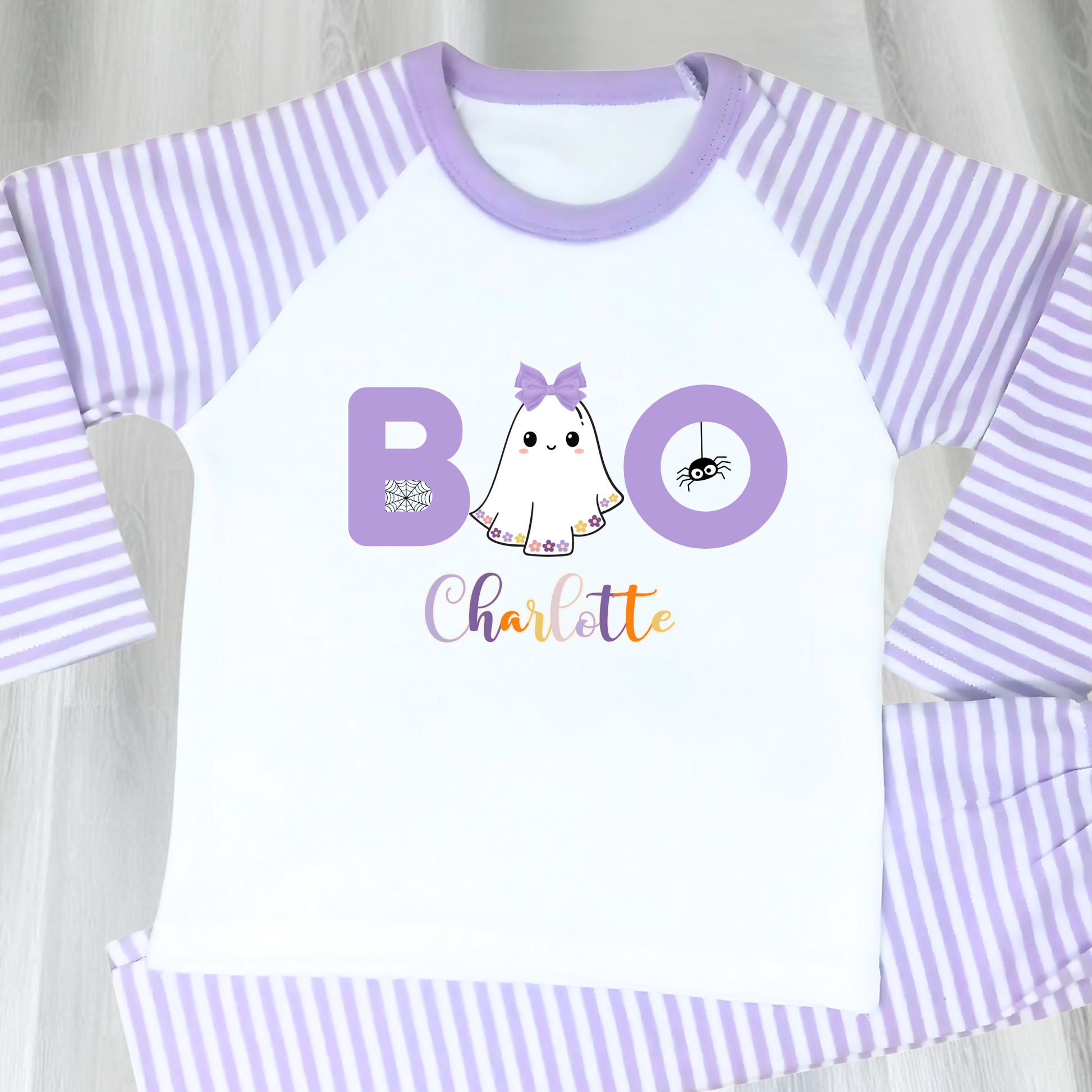  Pyjamas for girls with lilac stripes and cute ghost boo design. custom name pyjamas