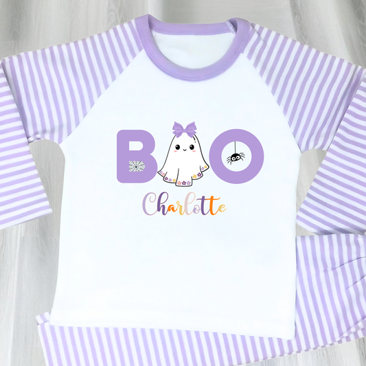  Pyjamas for girls with lilac stripes and cute ghost boo design. custom name pyjamas