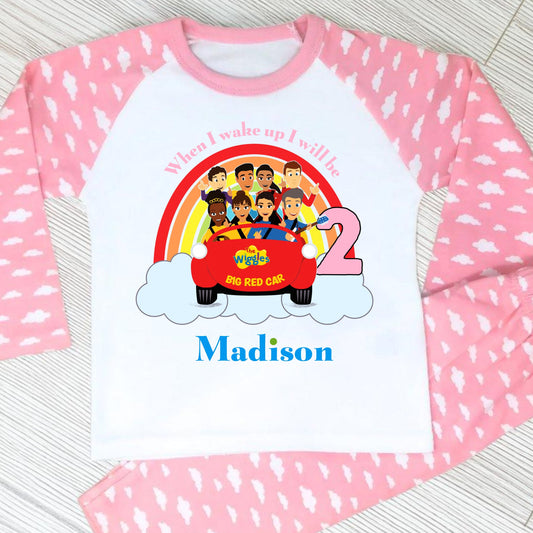 Wiggles birthday pyjamas: Personalised The Wiggles birthday pyjamas for girls with custom name and age, Big Red Car design.