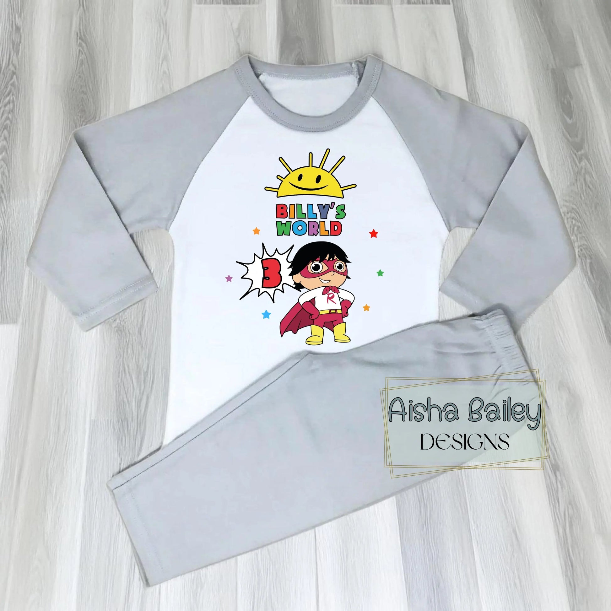 Ryan's World personalised birthday pyjamas for girls with colourful superhero design