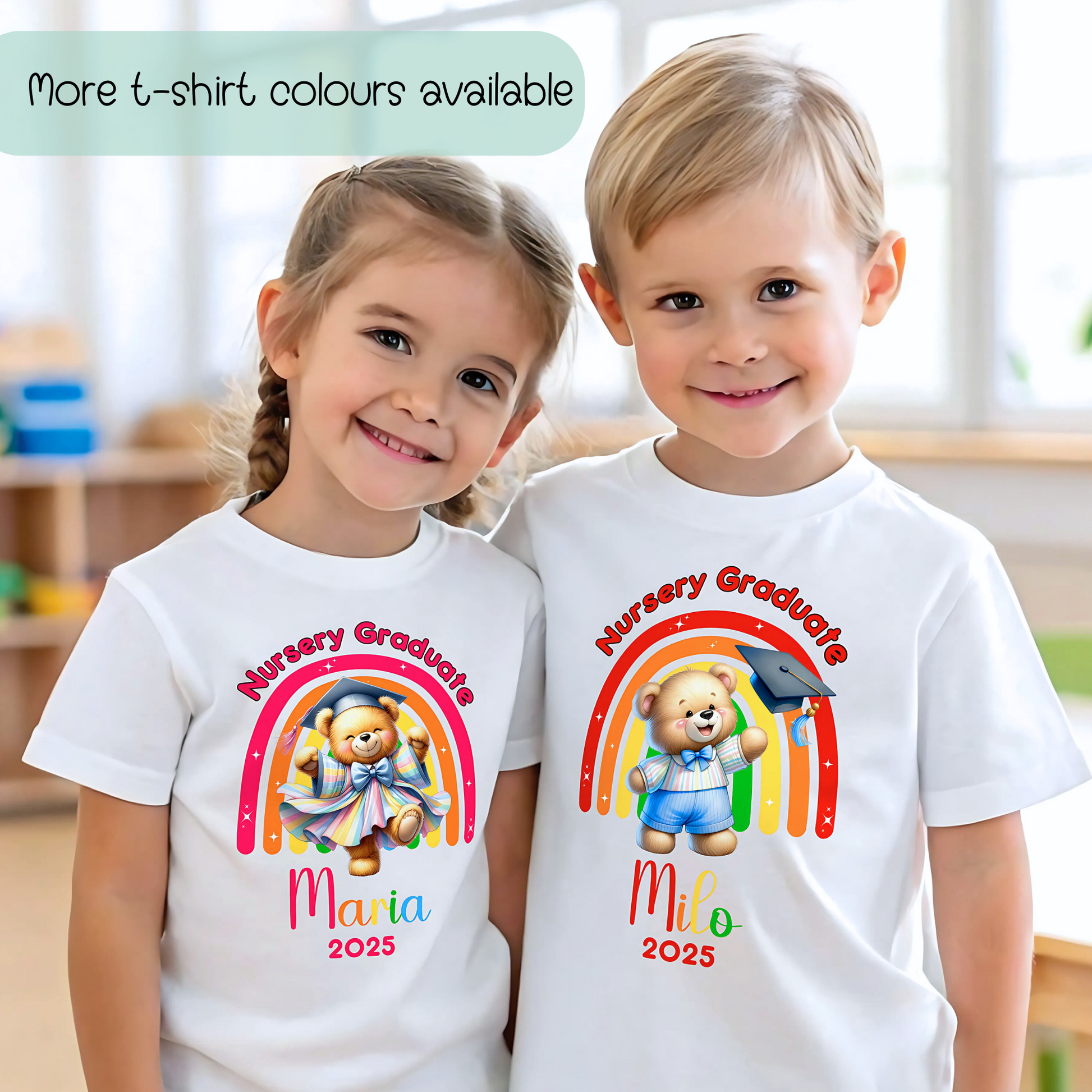 A girl wearing a white Personalised Nursery Leavers T-shirt. Above the rainbow it says Nursery Graduate and below it is a girl bear in graduation clothes on soft fluffy clouds. Below the design is the girls name and year of graduation.