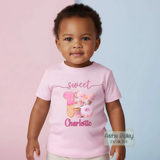 1st birthday t-shirt, Personalised sweet one birthday t-shirt for baby girl with ice cream donut design and custom name