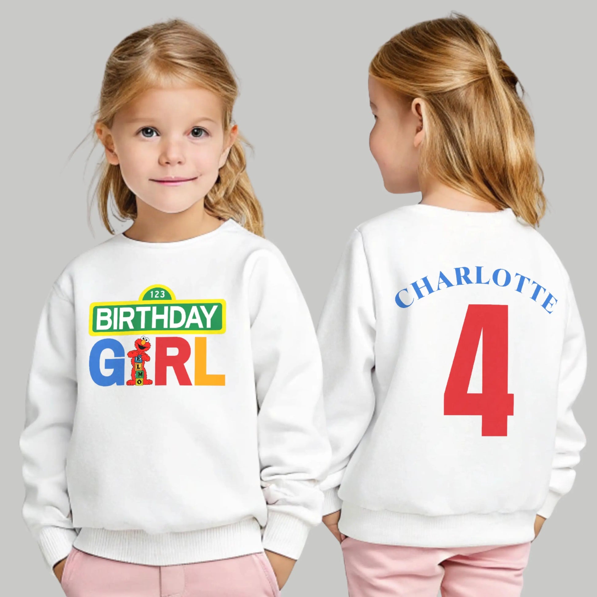 Elmo Birthday Sweatshirt – Personalised Birthday Girl Sweatshirt with Any Name & Age. Sesame street jumper