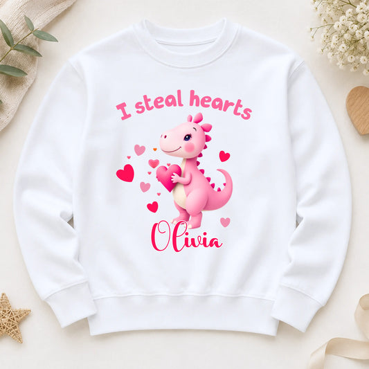 Girls Personalised Sweatshirt - Valentine Dinosaur,  I Steal Hearts Jumper for Everyday Wear AishaBaileyDesigns