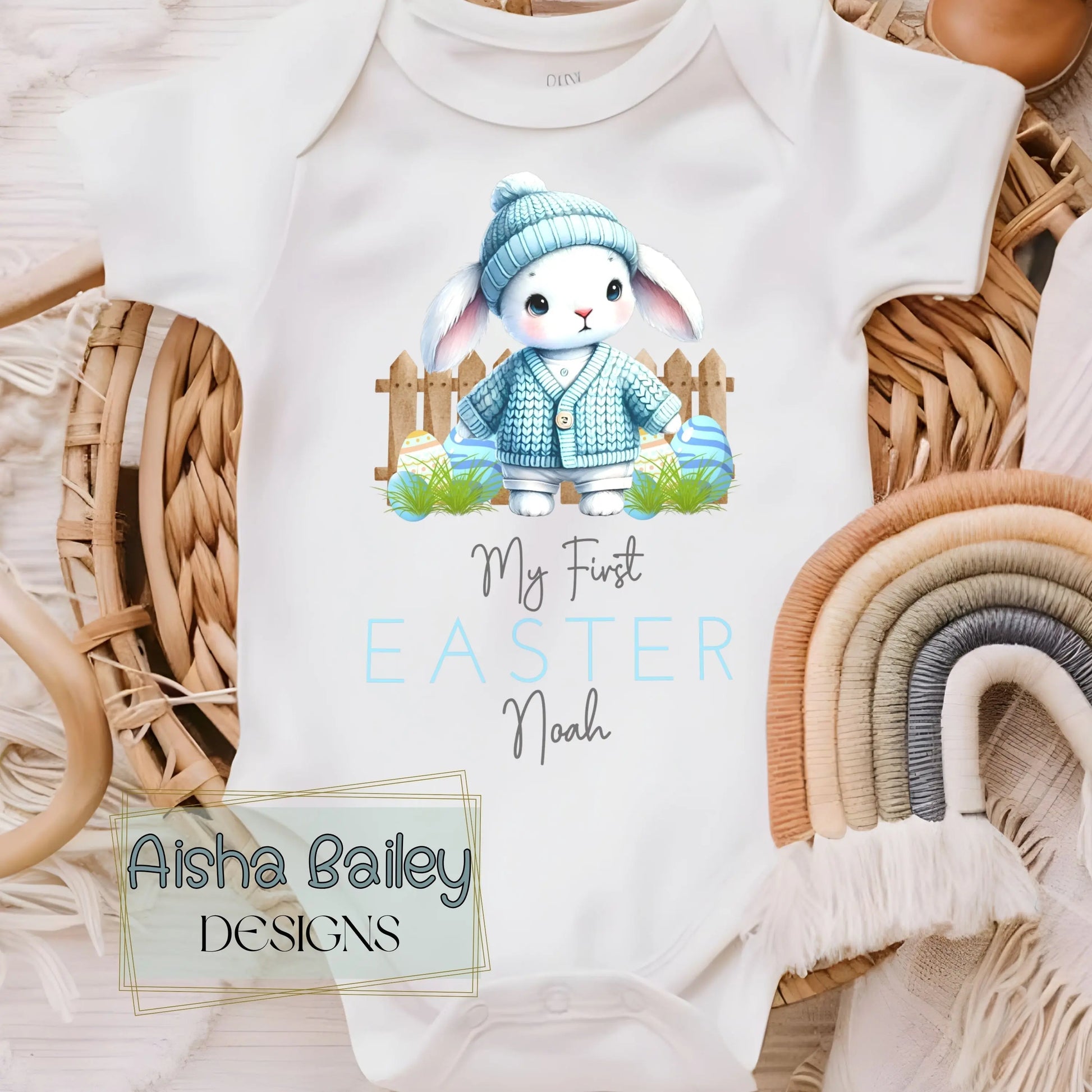 First Easter Outfit: Baby Boy’s First Easter Babygrow with personalised name and bunny design