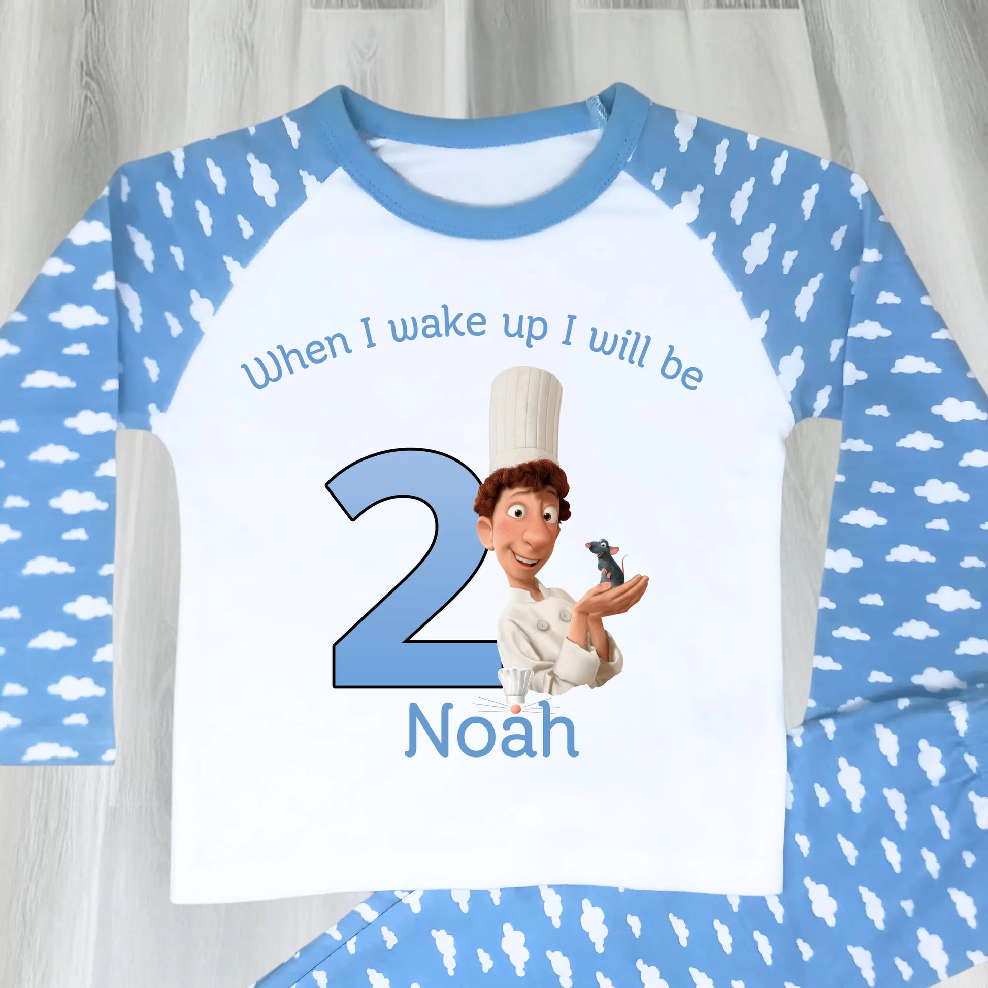 Ratatouille birthday pyjamas: Blue and white personalised birthday pyjamas with ratatouille character with name and age for boys