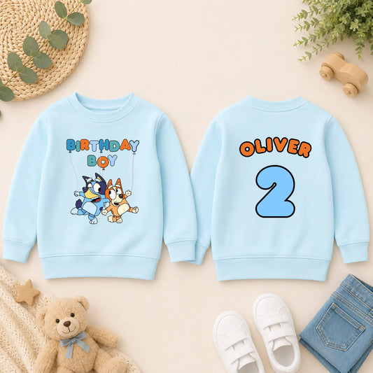 Boys Personalised Bluey and Bingo Birthday Sweatshirt - Bluey and Bingo Tee Back and Front Print AishaBaileyDesigns