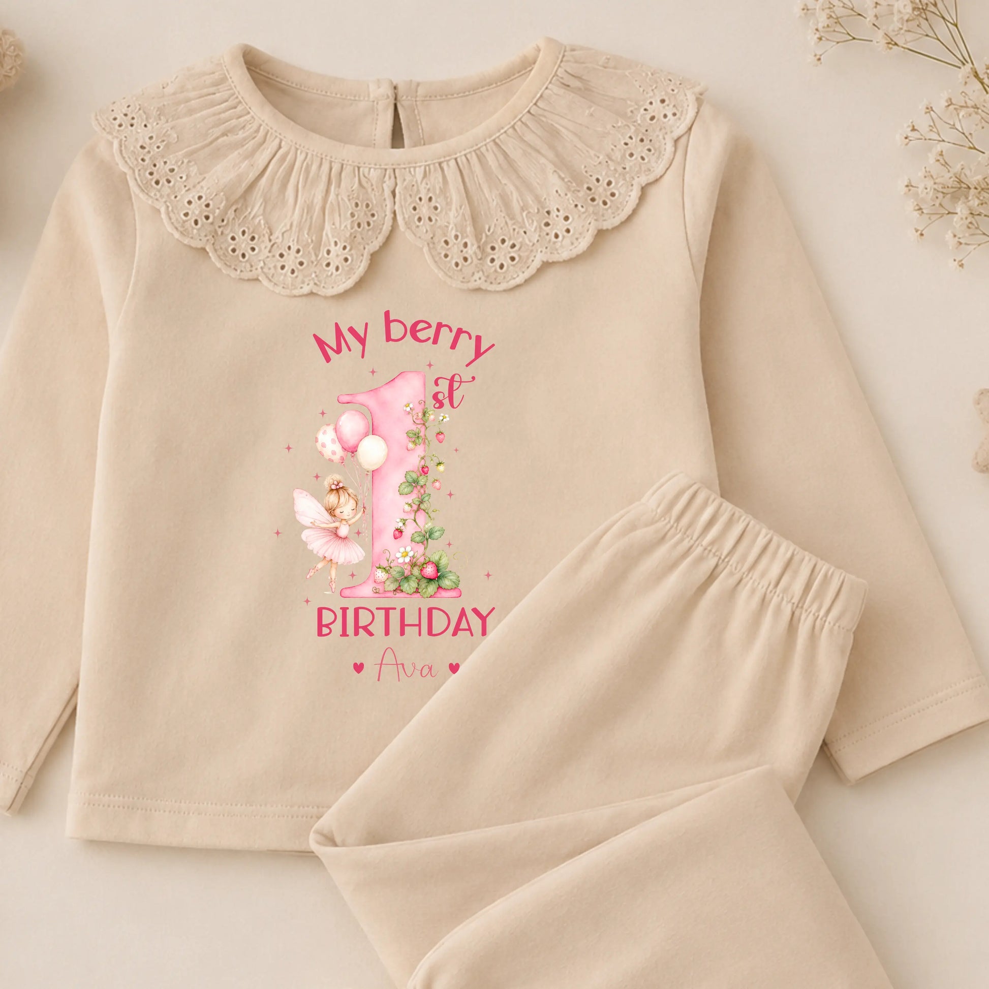 Personalised girls berry first birthday pyjamas with strawberry fairy number one design, custom name birthday outfit, frill collar toddler birthday set.