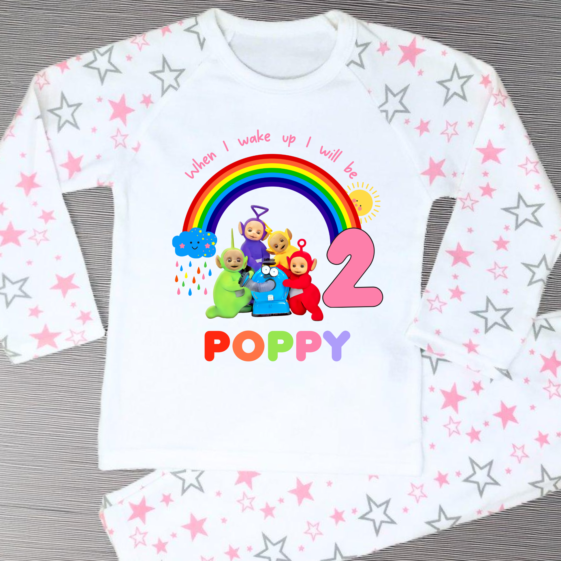Teletubbies birthday pyjamas, when i wake up Teletubbies, teletubbies with name, custom pyjamas teletubbies, WhenI Wake up Teletubbies