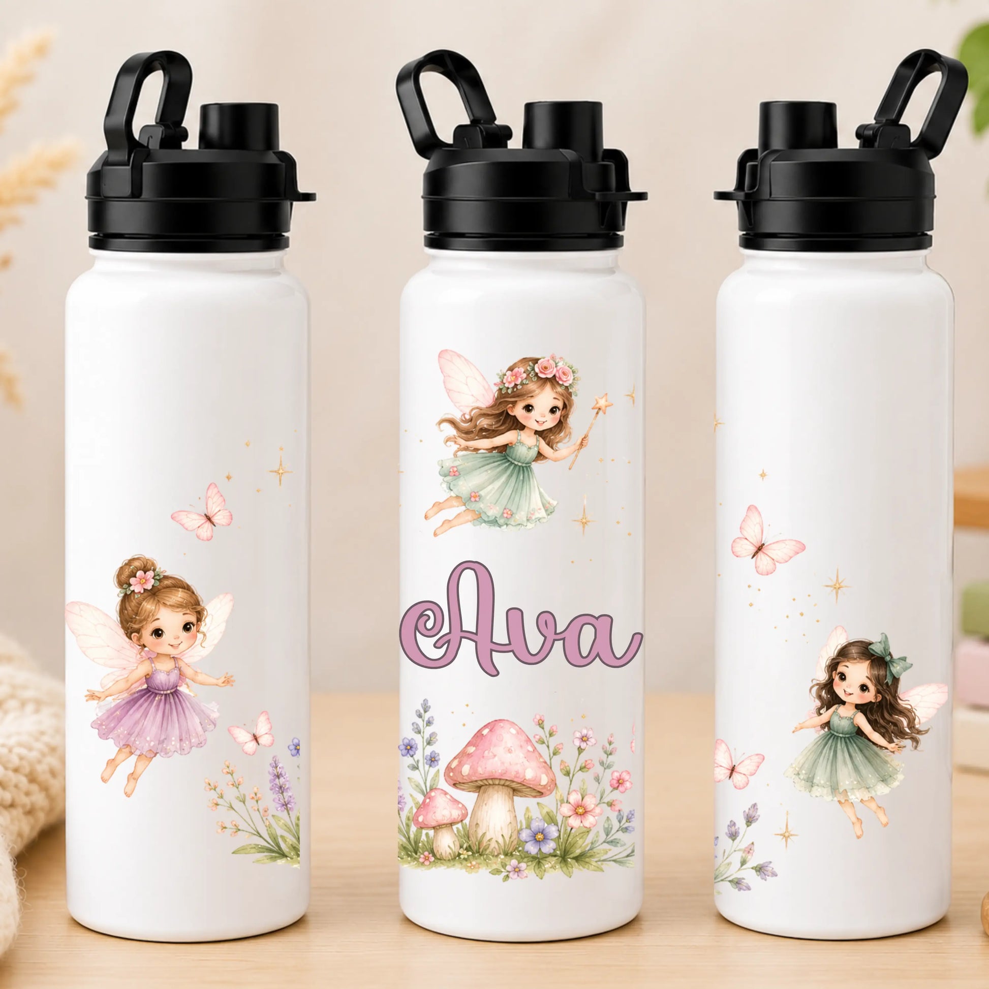 Personalised Back to School Water Bottle for Girls | Custom Kids Fairy Water Bottle AishaBaileyDesigns