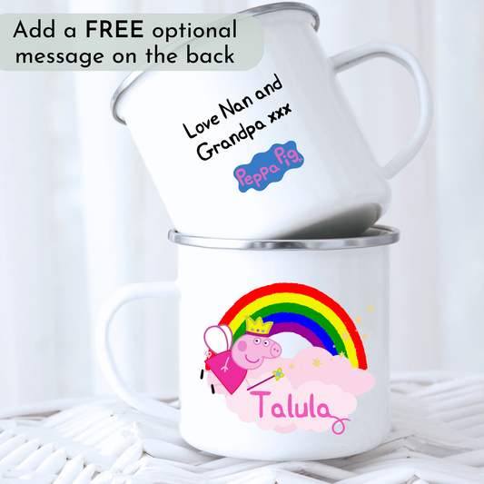 Peppa Pig Enamel Mug, Girls Personalised Peppa Pig Enamel Mug with rainbow design and custom name
