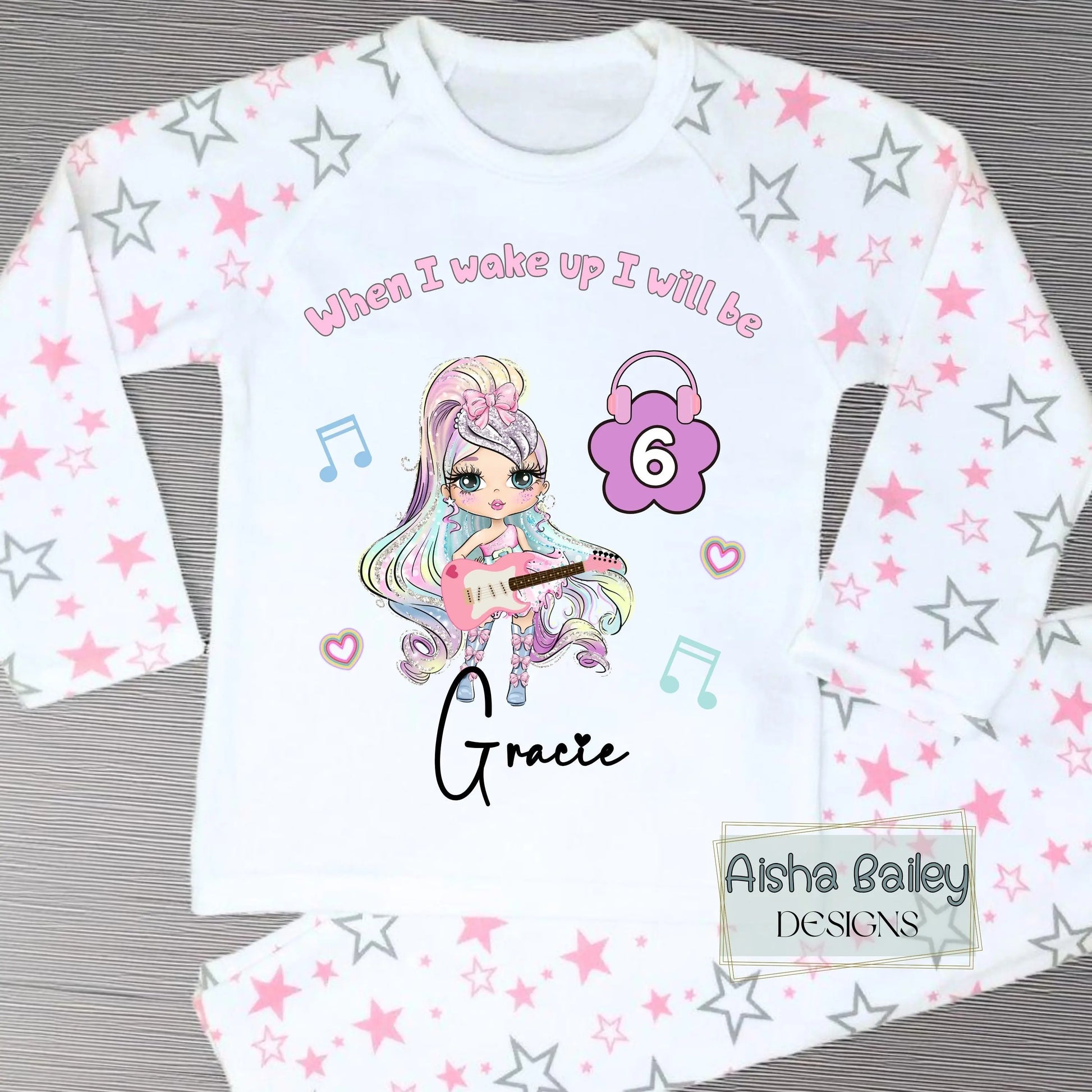 Personalised Girls Birthday Pyjamas: In My Birthday Era glitter-effect doll birthday pyjamas with custom name and age, no real glitter, long sleeve girls sleepwear set