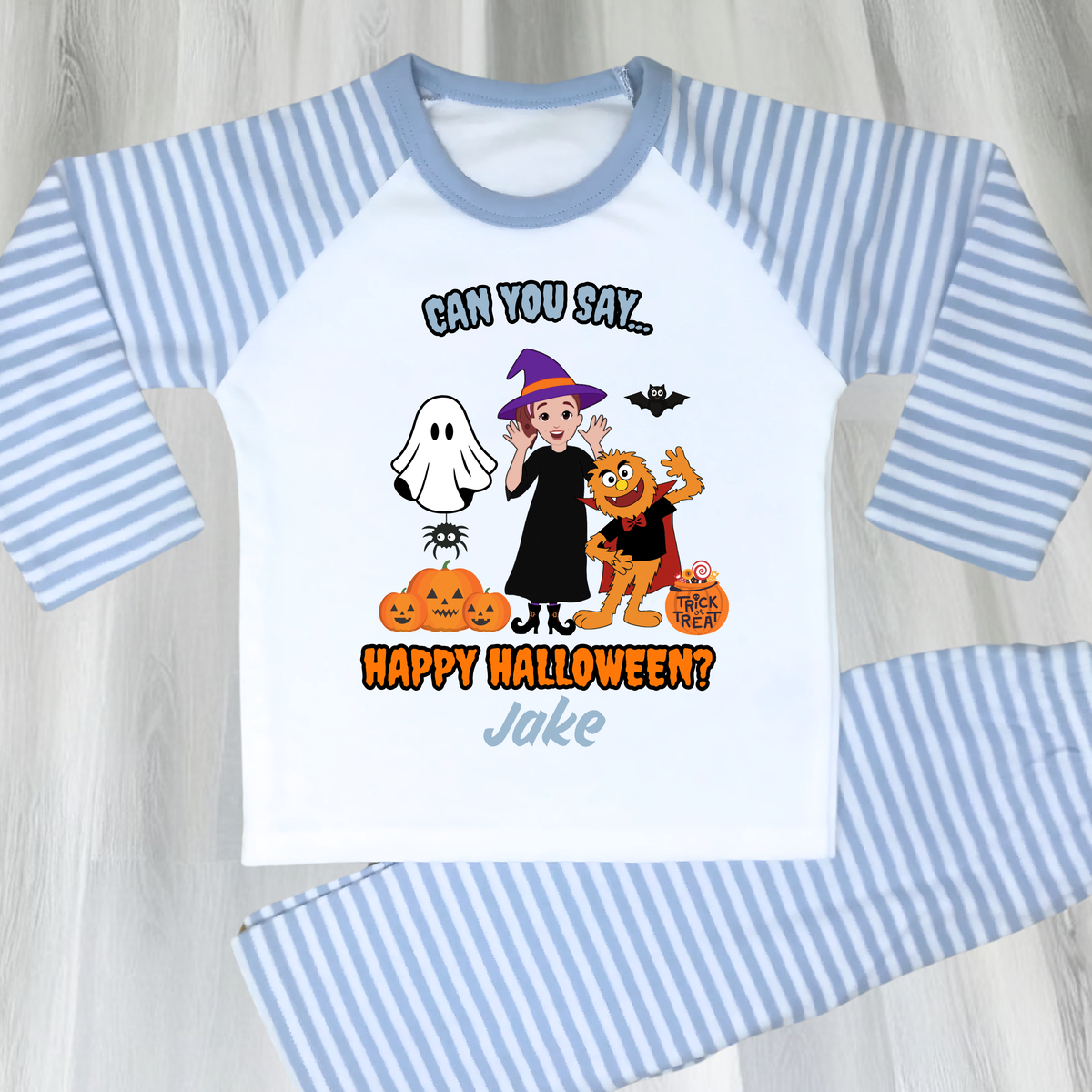 Boys Personalised Ms Rachel Halloween Pyjamas with name print and cute spooky design
